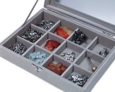 Schmucktablett Schmucklade Schmuckkästchen mit Glasdeckel grau mit 12 Fächer